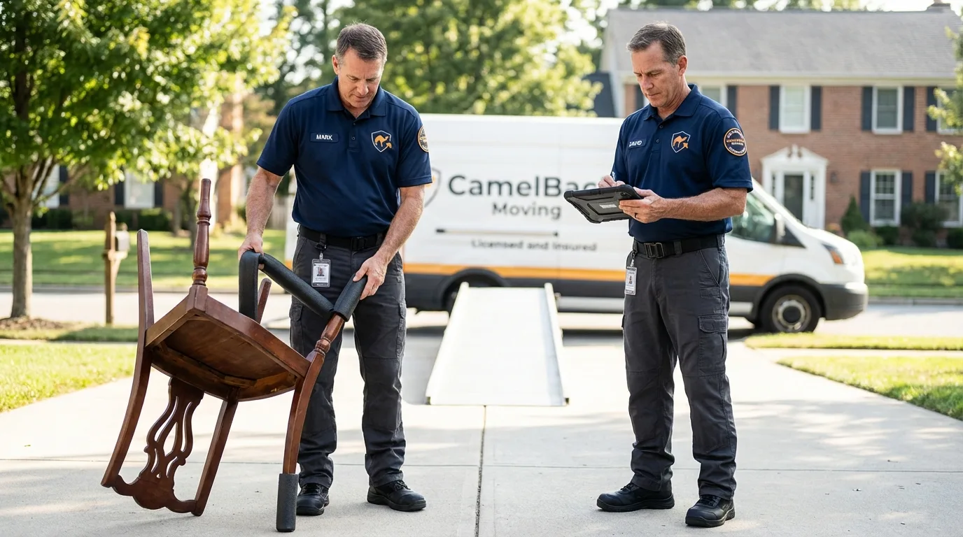 Movers inspecting furniture for damage prevention before loading in Richlandtown, PA